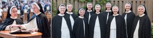 Sister professes her vows into the hands of Mother Anna Grace; group of sisters join Mother Anna Grace before the Mass of Profession begins